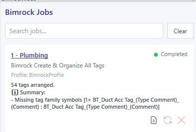 Jobs panel showing a completed tagging job with summary