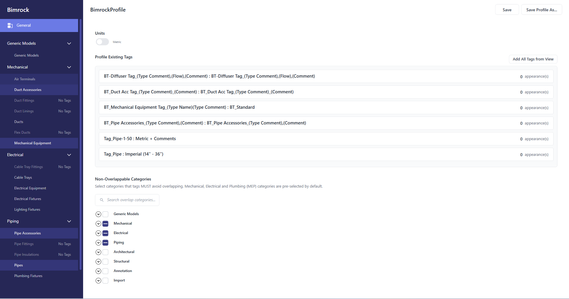 Profile editor showing disciplines and categories navigation
