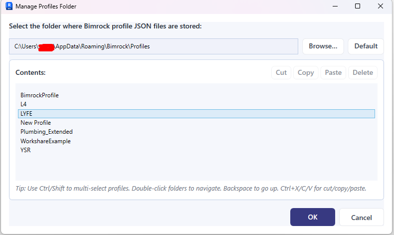 Manage Profiles Folder dialog listing JSON profile files