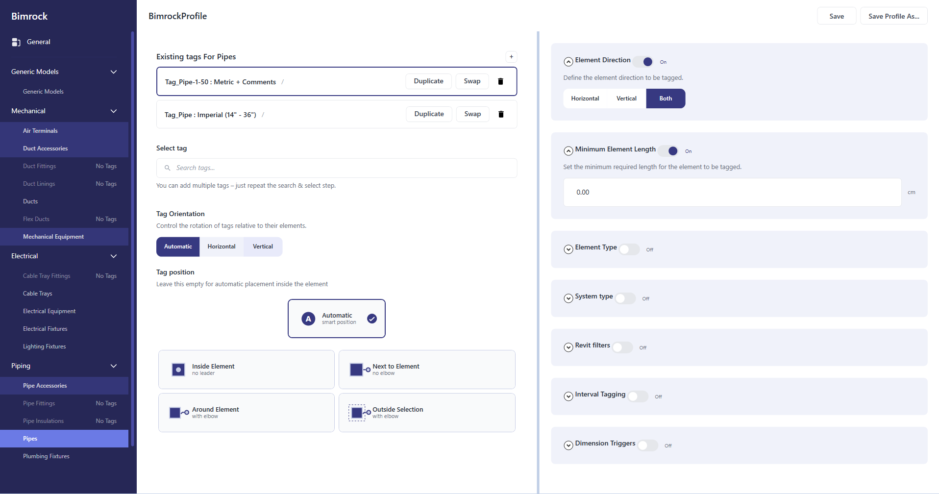 Tag orientation controls showing Automatic, Horizontal, and Vertical options