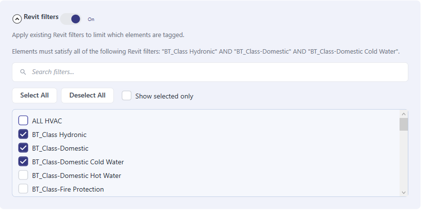 Revit filters integration with checkboxes for named filters