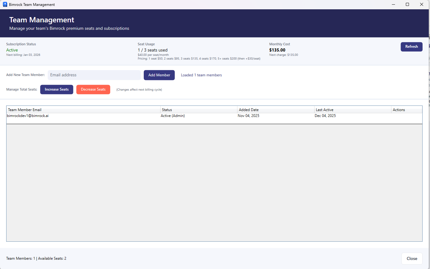 Team Management window with team member list and seat allocation