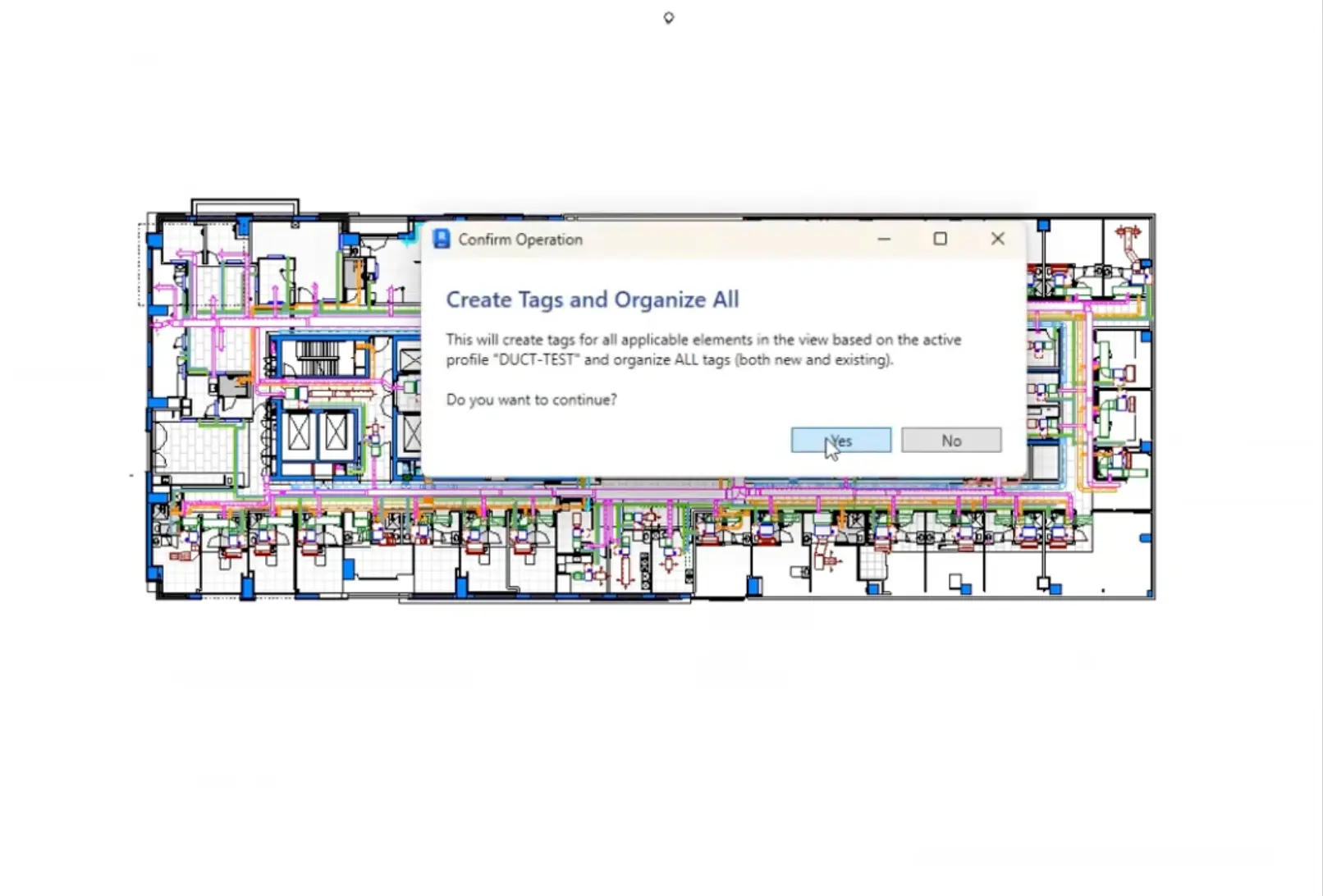 Bimrock AI Revit plugin dialog confirming automatic tag creation and organization for HVAC ducts